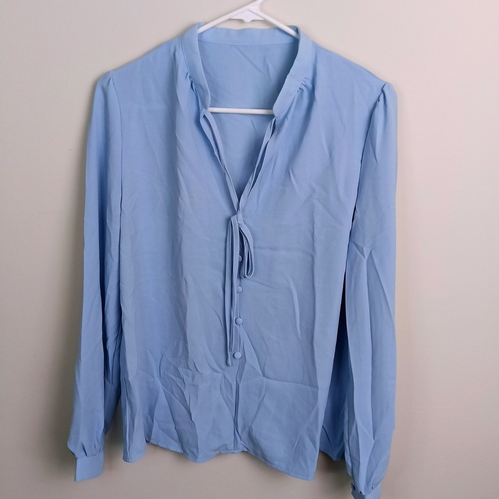 SHEIN Tie Neck Blouse Womens Medium Blue Excellent Long Sleeve Button Front